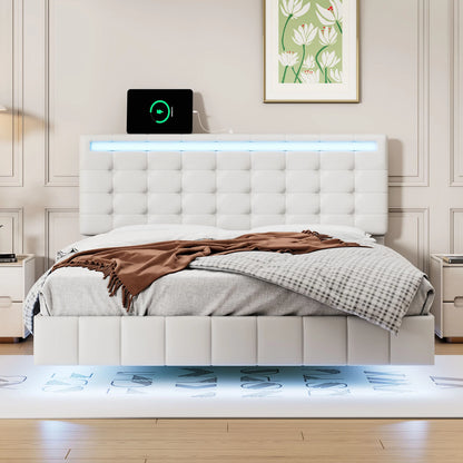 Neal Leather Upholstered Floating Bed With Lights