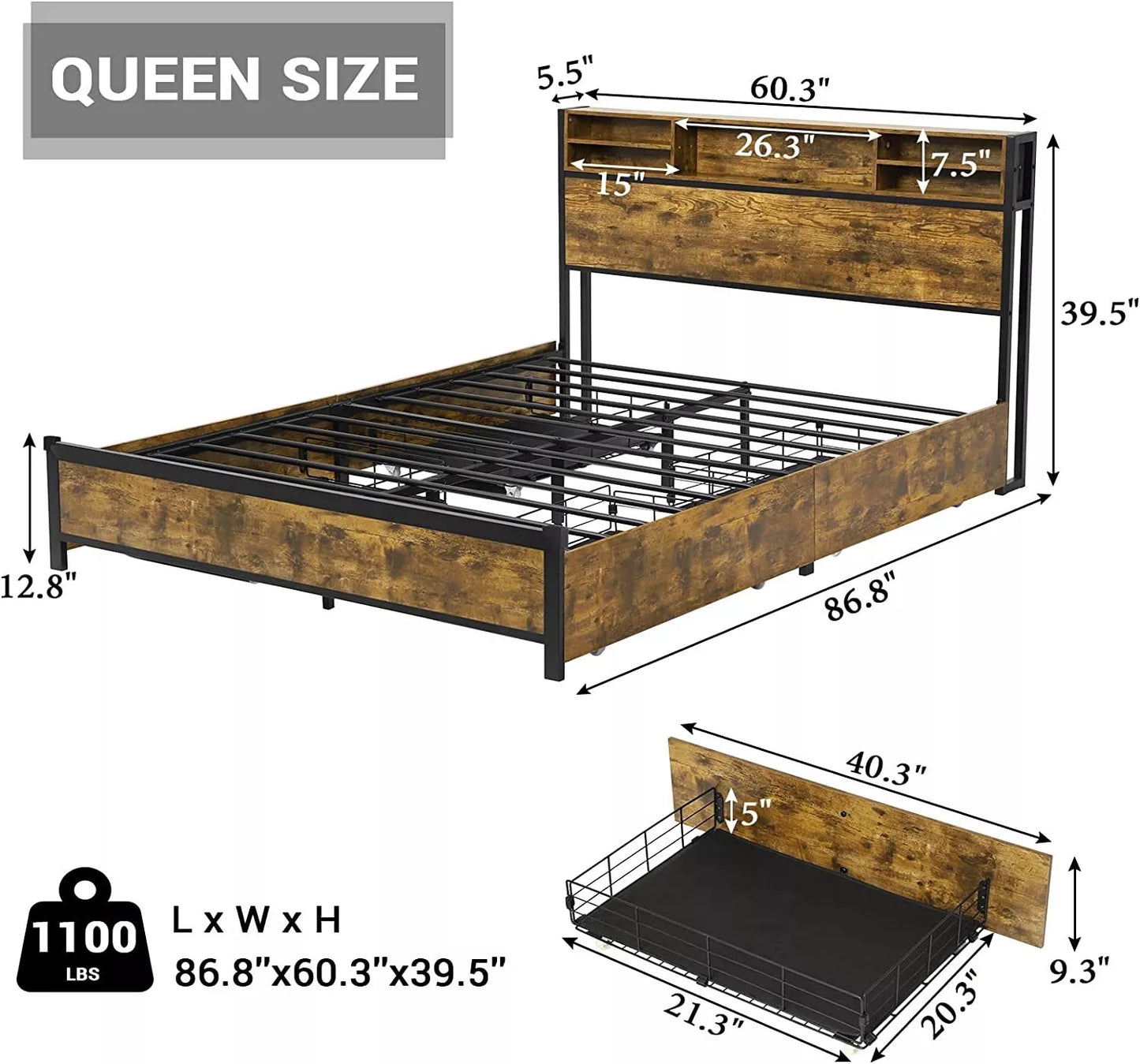 Otto Plateform Bed Frame With Storage & Light