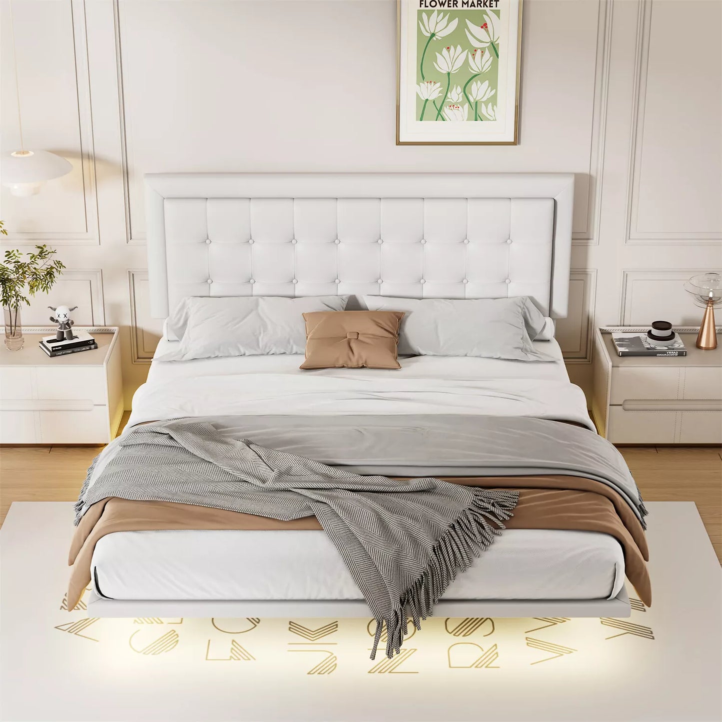 Queen Leather Upholstered Floating Bed With Lights