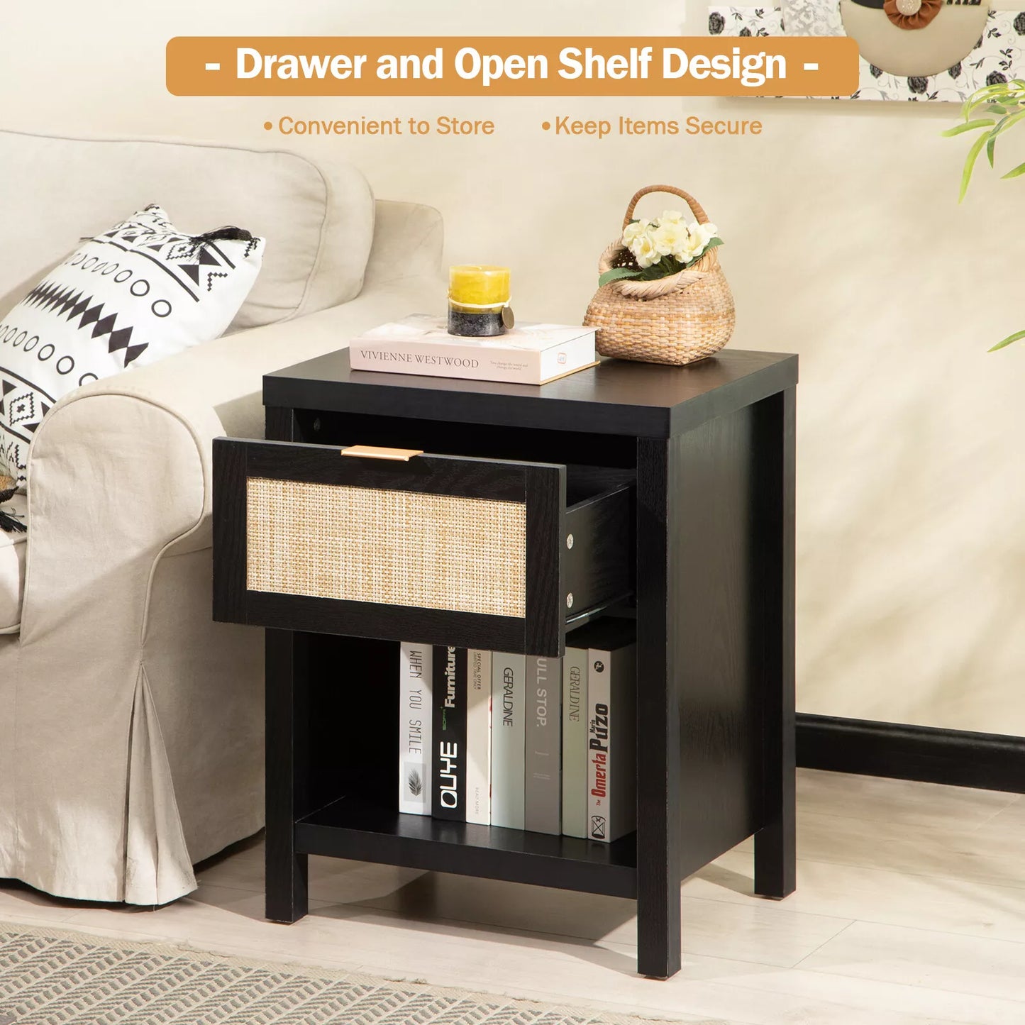 Ava Black Rattan Nightstand Table With Drawer