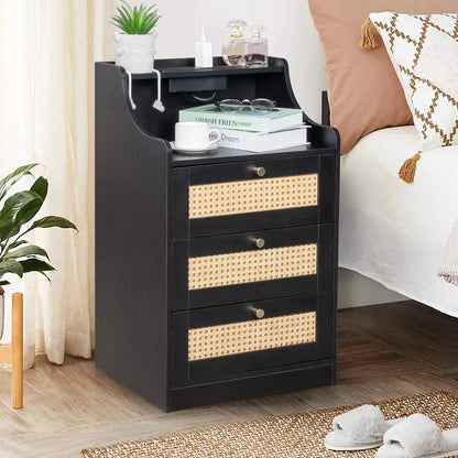 Nell Rattan Nightstand Table With Charging Station