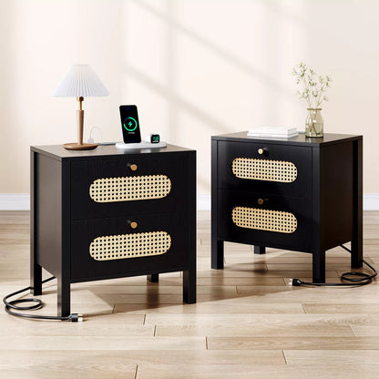 Macias Black Rattan Nightstand Table (Set of 2)