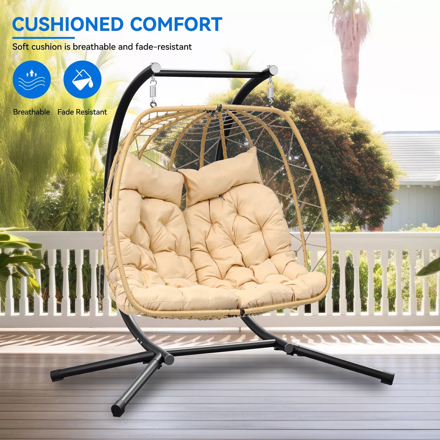 Outdoor 2 Seater Hanging Patio Egg Chair With Stand