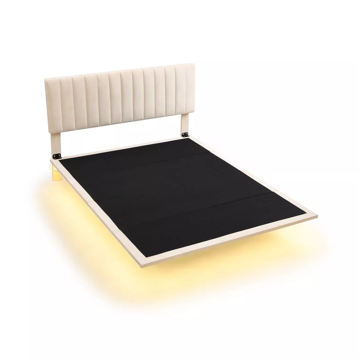 Queen Velvet Upholstered Floating Bed With Lights