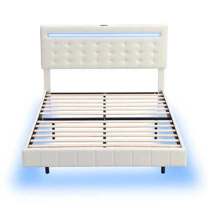 Neal Leather Upholstered Floating Bed With Lights