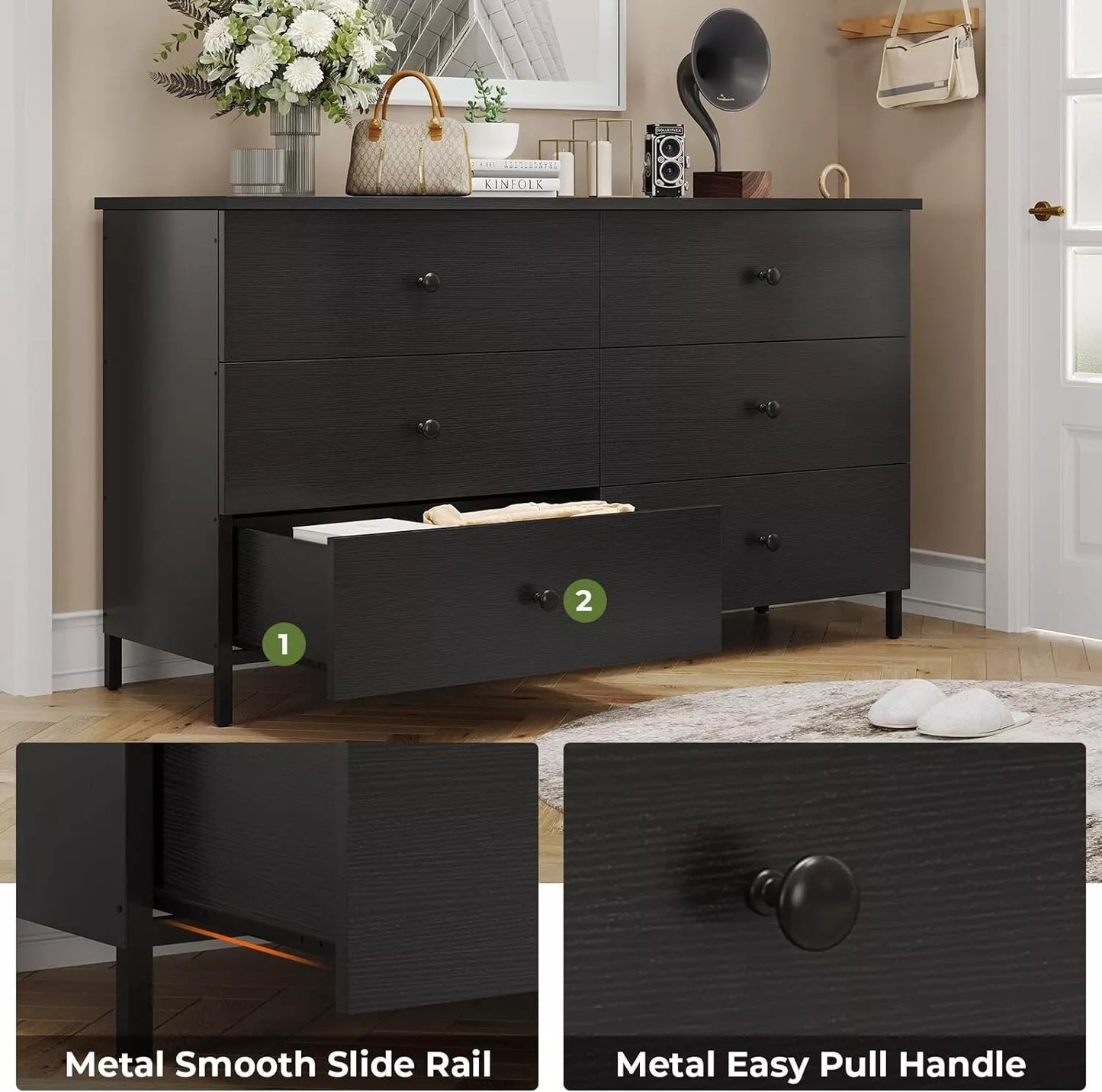 Aran Black Modern 8 Drawer Chest Dresser