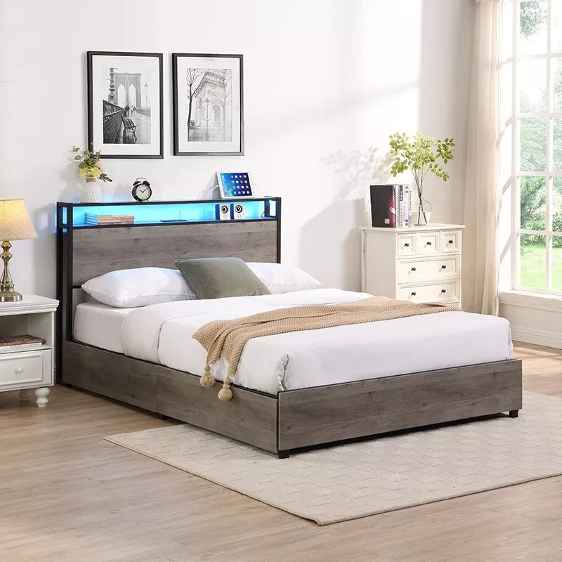 Queen Plateform Bed Frame With Storage & Light