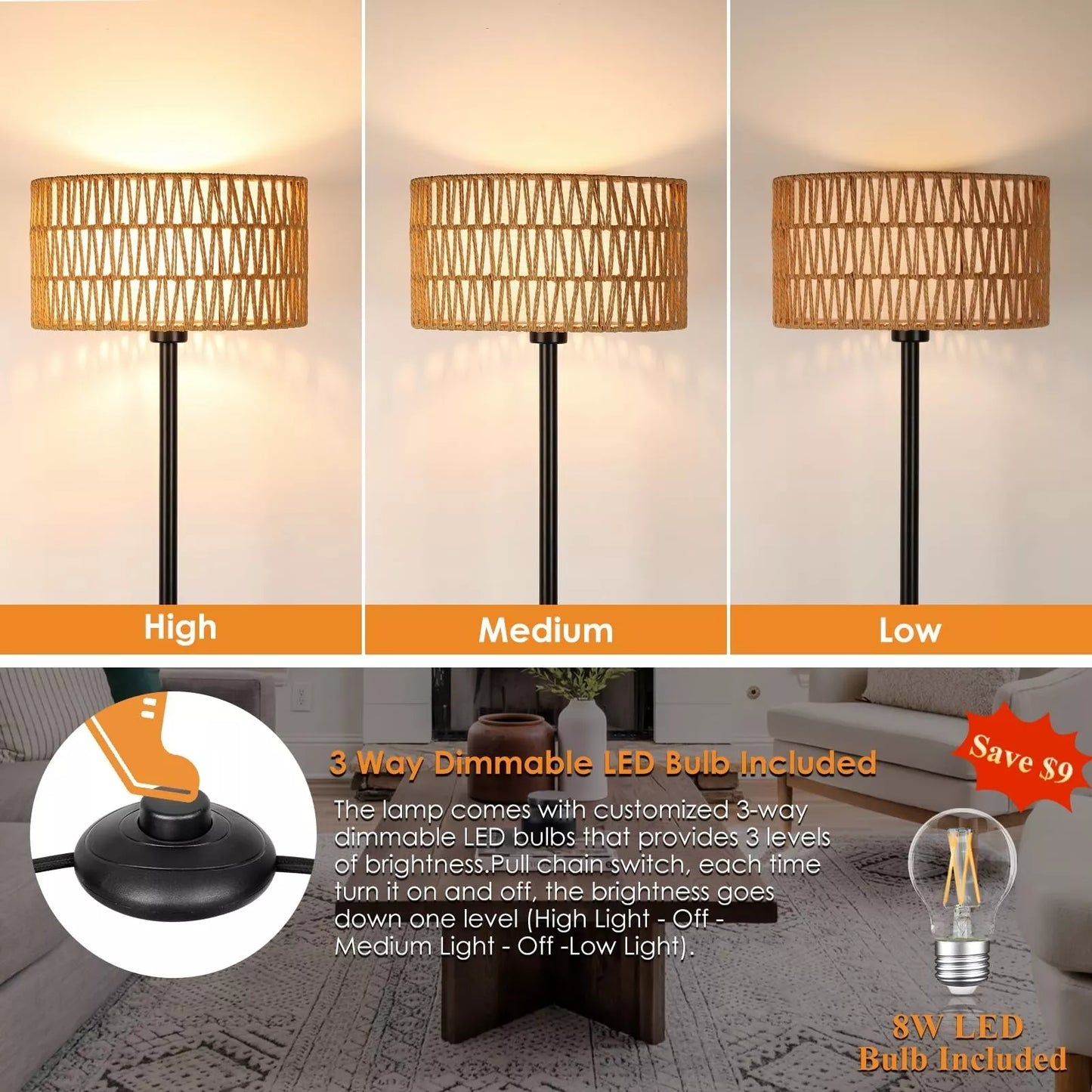 Boho Rattan Living Room Floor Lamp