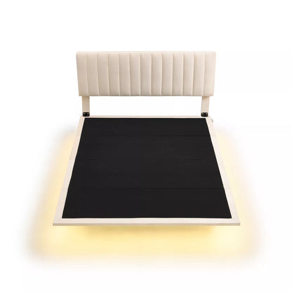 Queen Velvet Upholstered Floating Bed With Lights