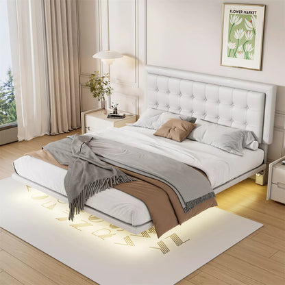 Queen Leather Upholstered Floating Bed With Lights