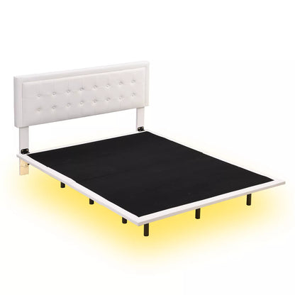 Queen Leather Upholstered Floating Bed With Lights