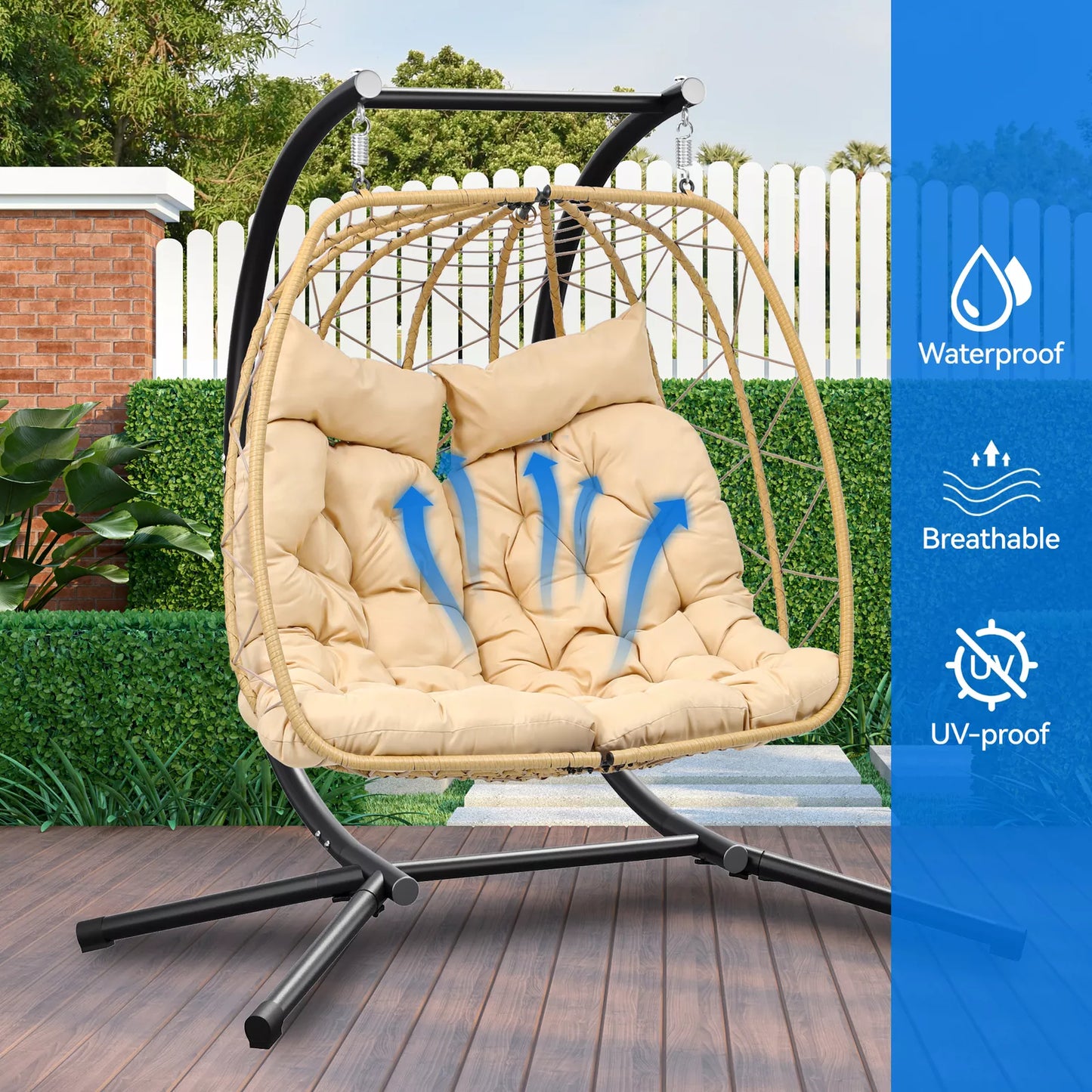 Outdoor 2 Seater Hanging Patio Egg Chair With Stand