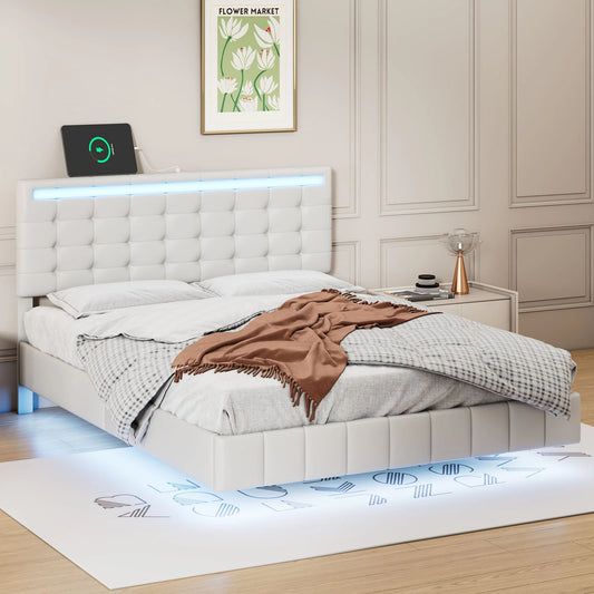 Neal Leather Upholstered Floating Bed With Lights