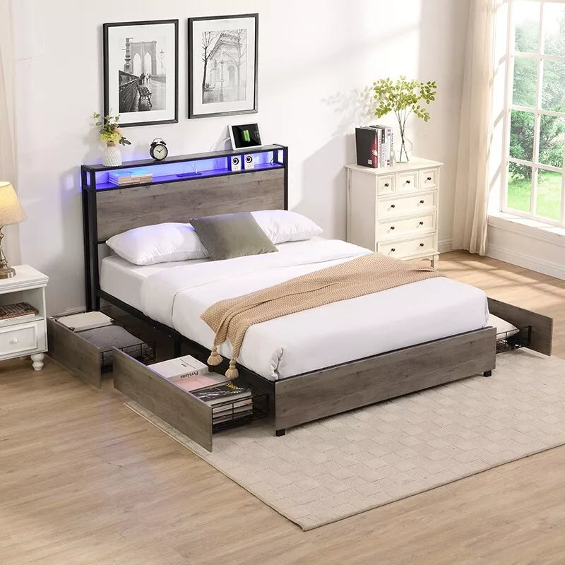 Queen Plateform Bed Frame With Storage & Light