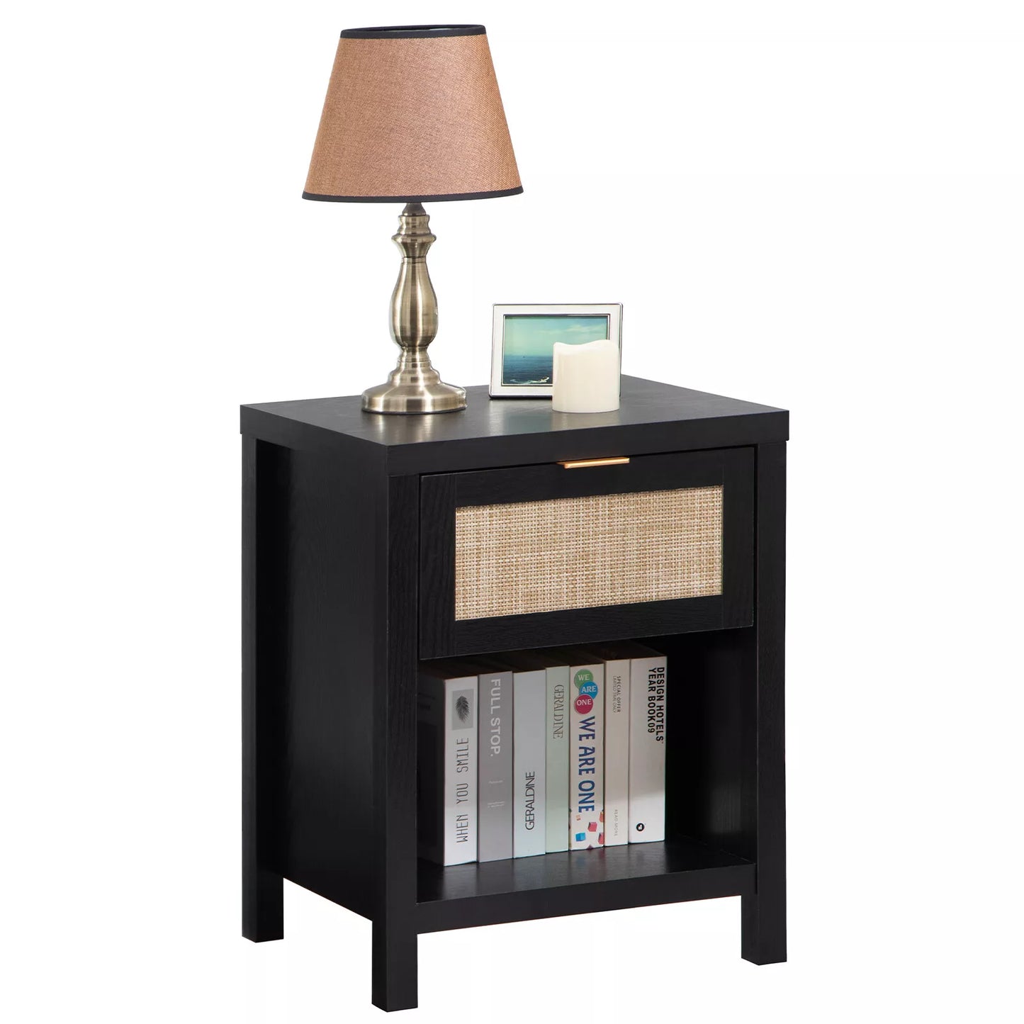 Ava Black Rattan Nightstand Table With Drawer