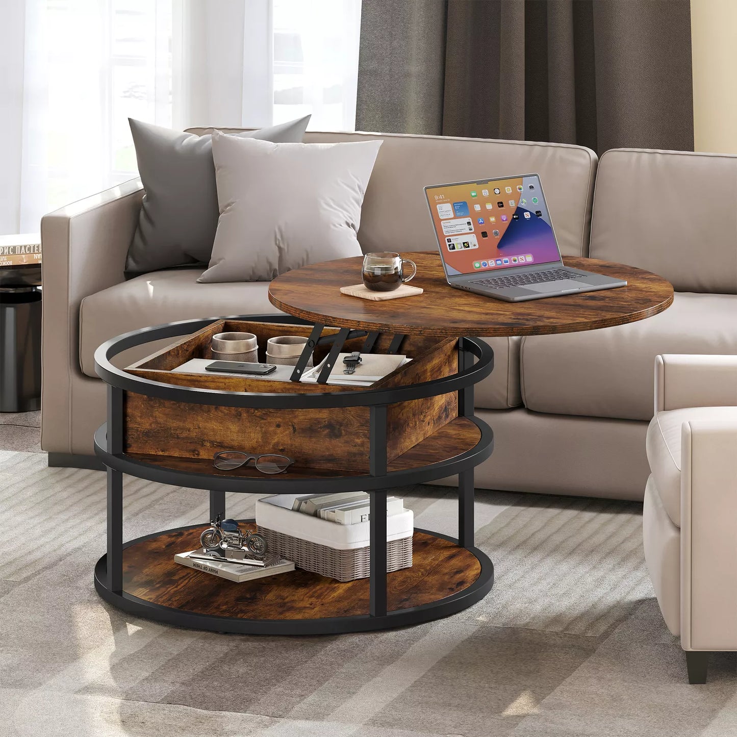 Keith Rustic Round Lift Top Farmhouse Coffee Table