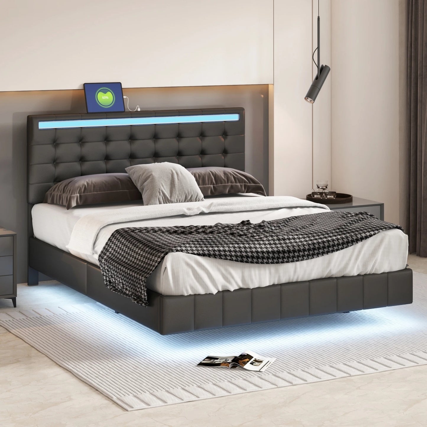 Neal Leather Upholstered Floating Bed With Lights