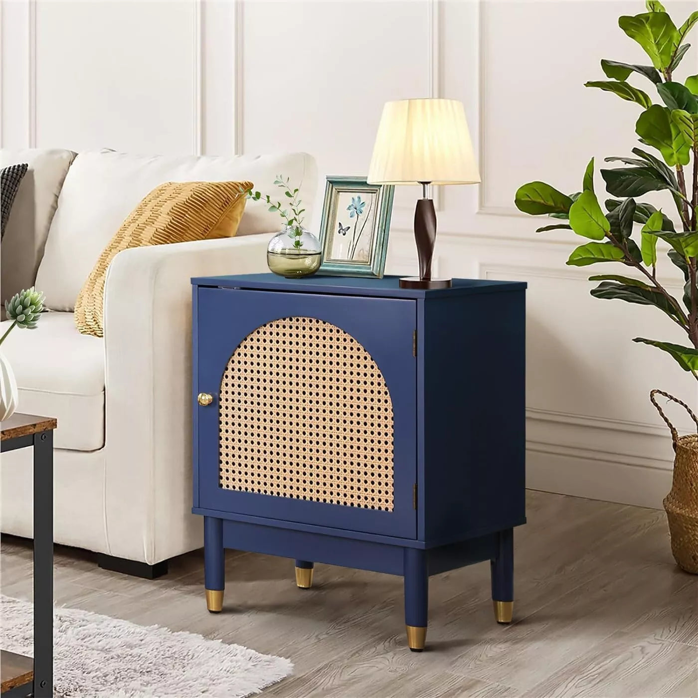 Briony Blue Rattan Nightstand Table