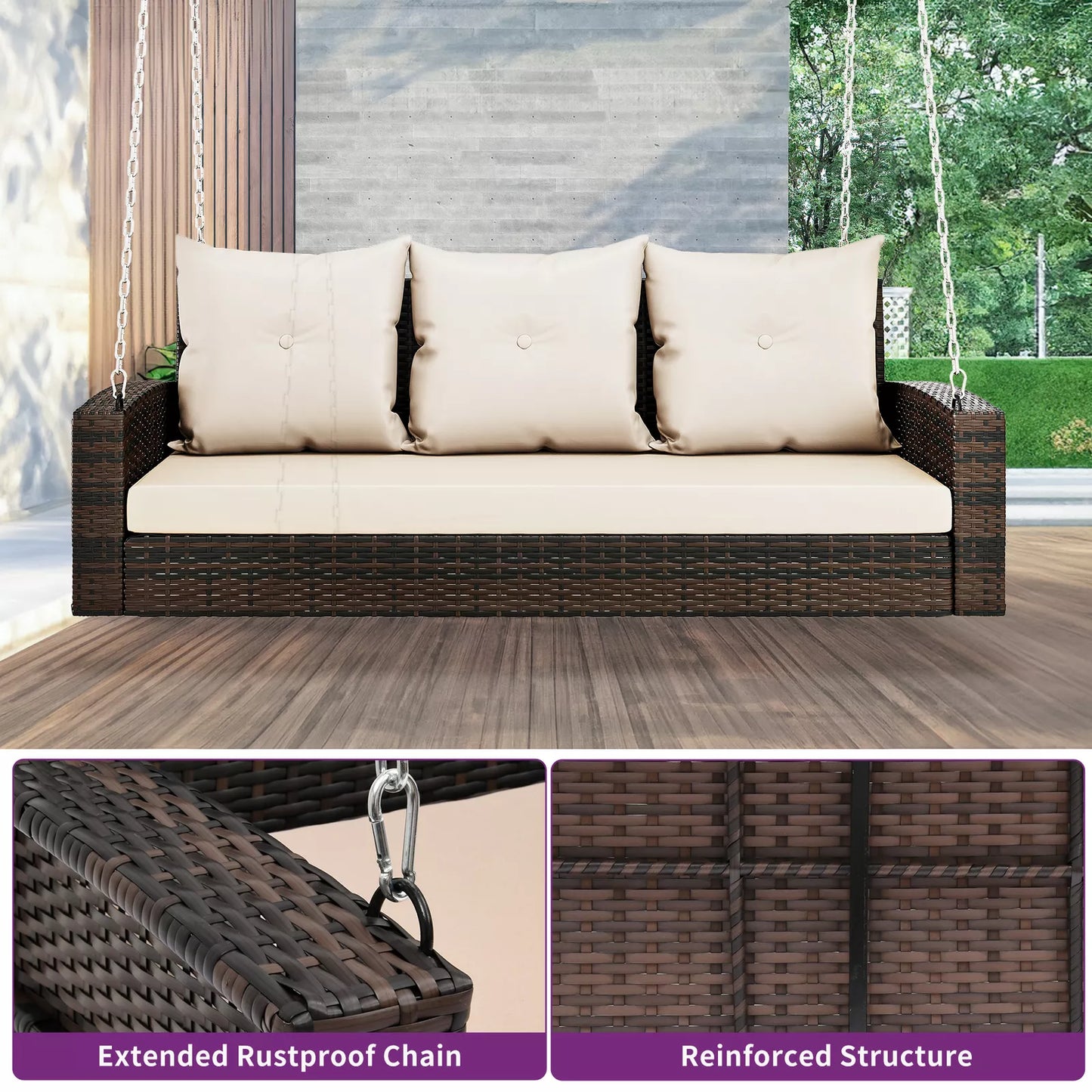 Outdoor Rattan Cushioned Hanging Patio Swing