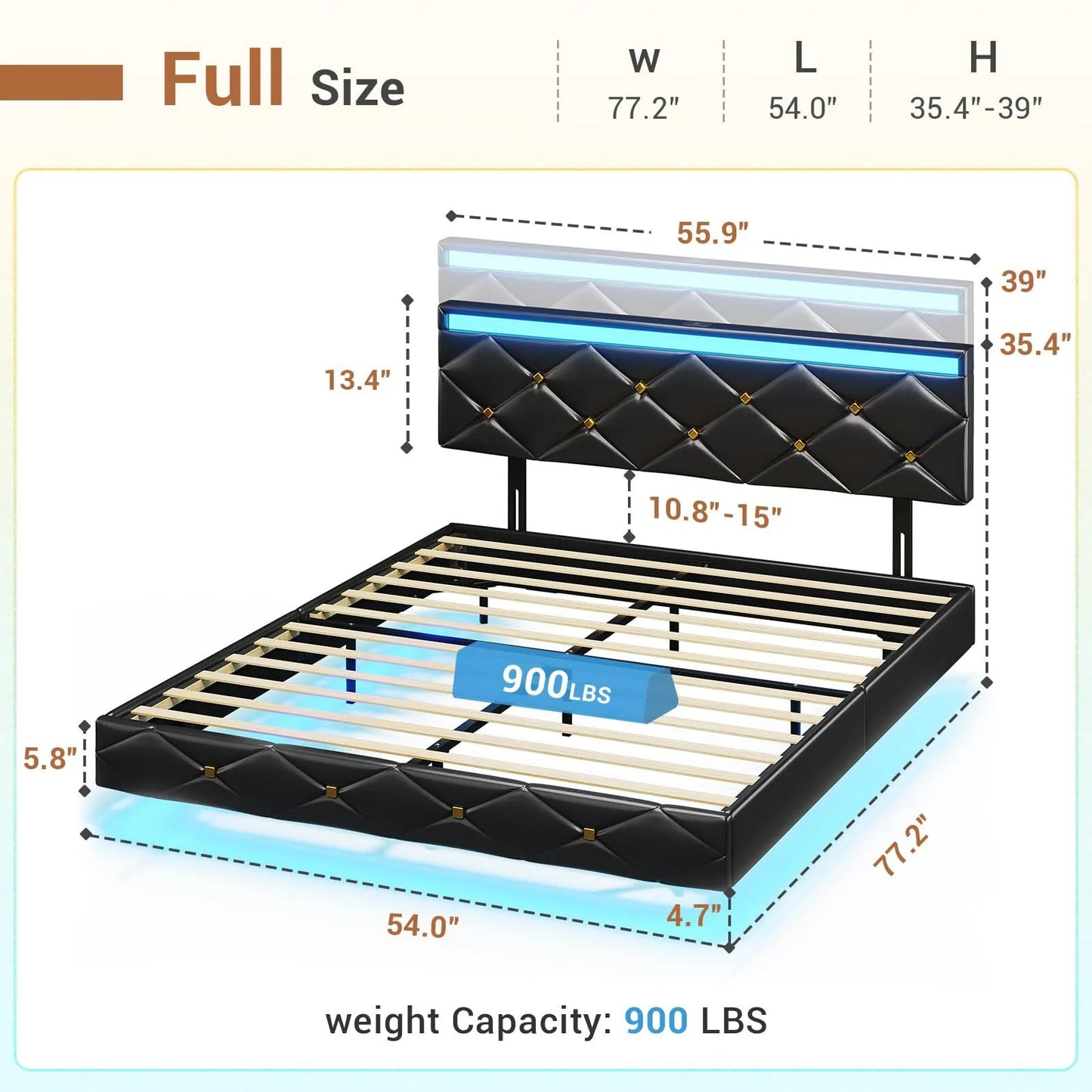 Shah Leather Upholstered Floating Bed With Lights