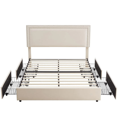 Queen Fabric Plateform Bed Frame With Storage