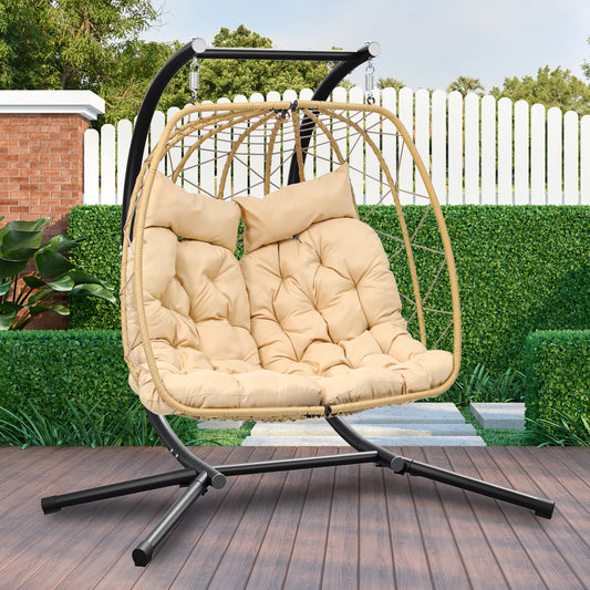 Outdoor 2 Seater Hanging Patio Egg Chair With Stand