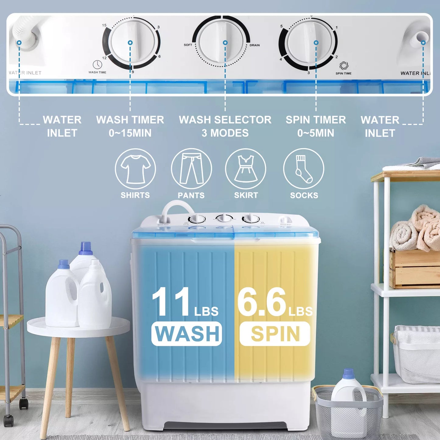 17.6lbs Twin Tub Portable Washer & Spin Dryer