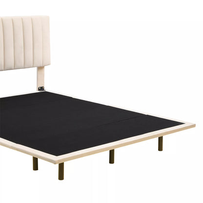 Queen Velvet Upholstered Floating Bed With Lights