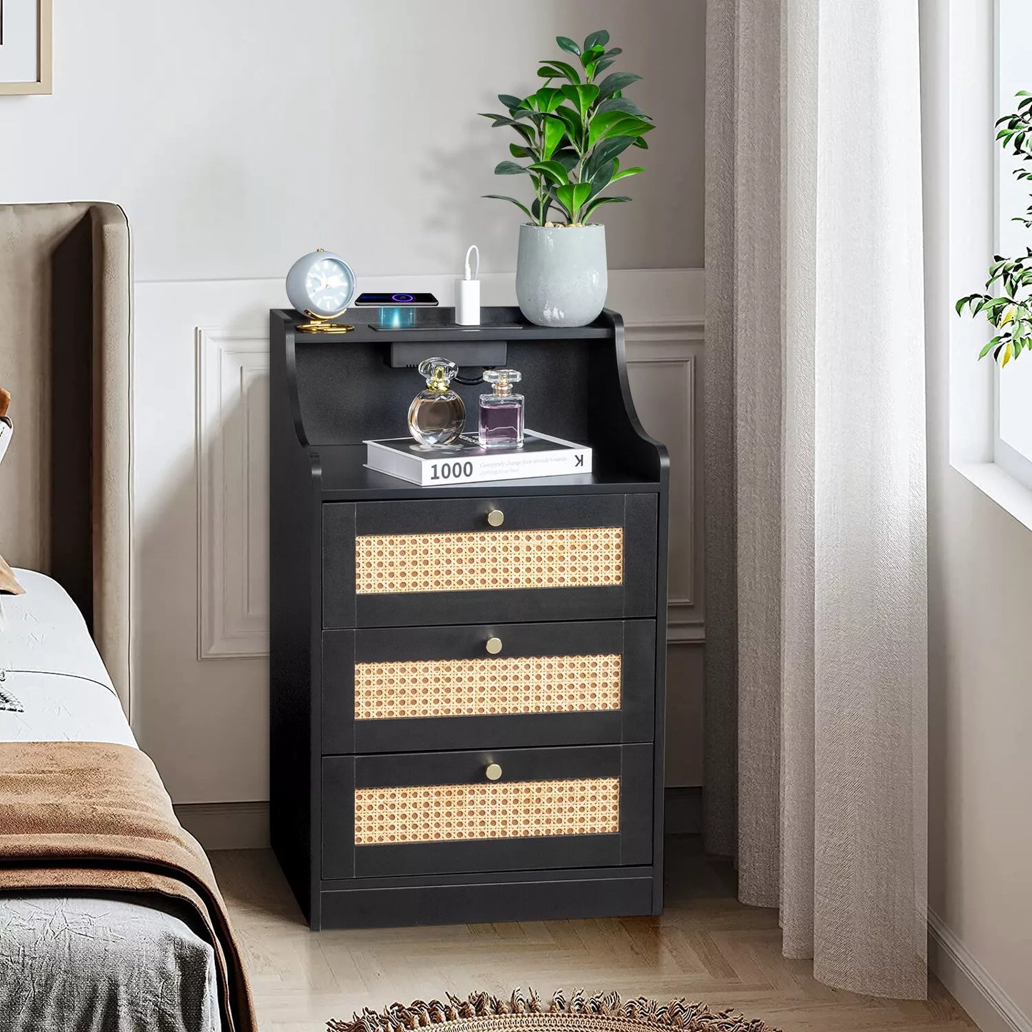 Nell Rattan Nightstand Table With Charging Station