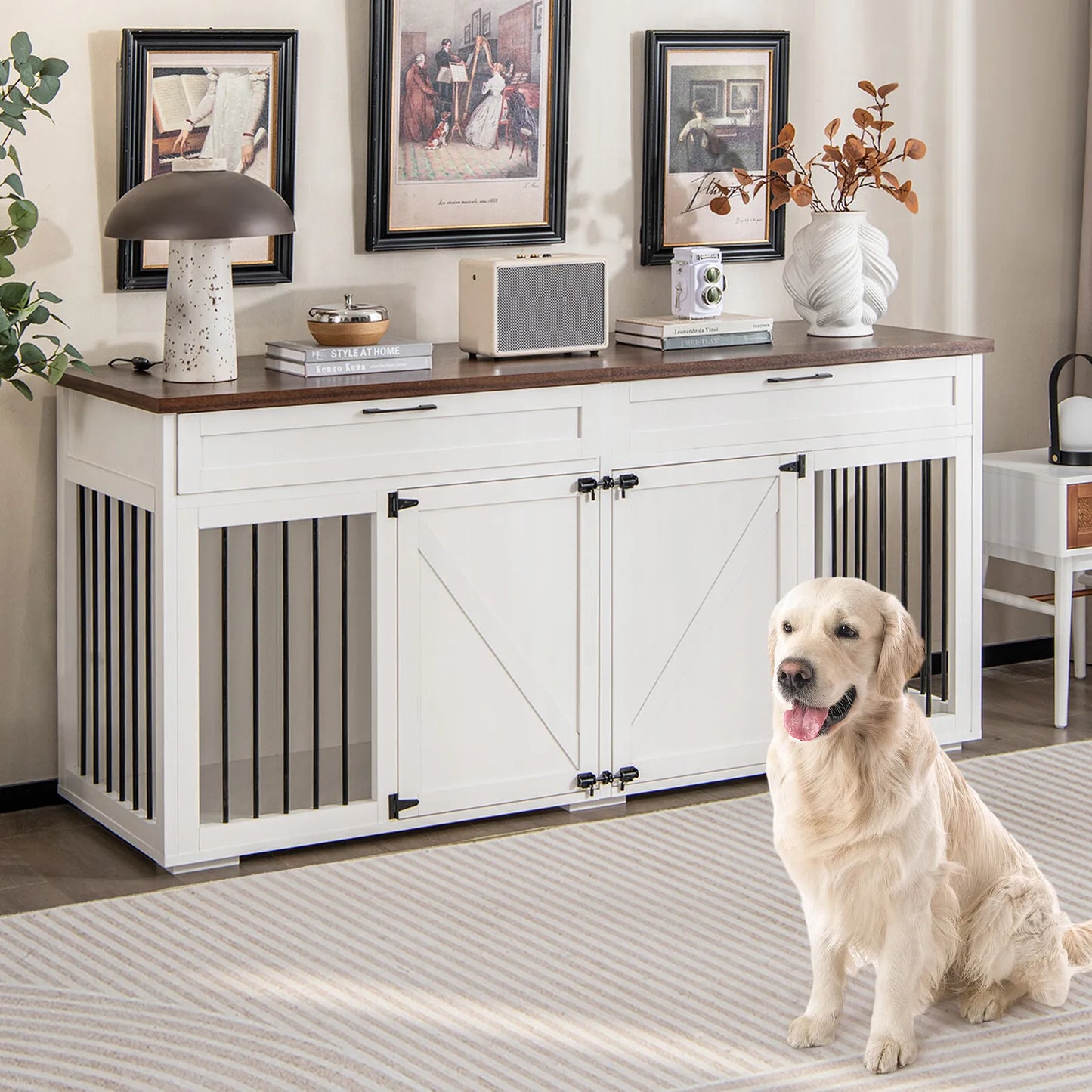 Farmhouse Double Dog Crate Furniture For 2 Dogs