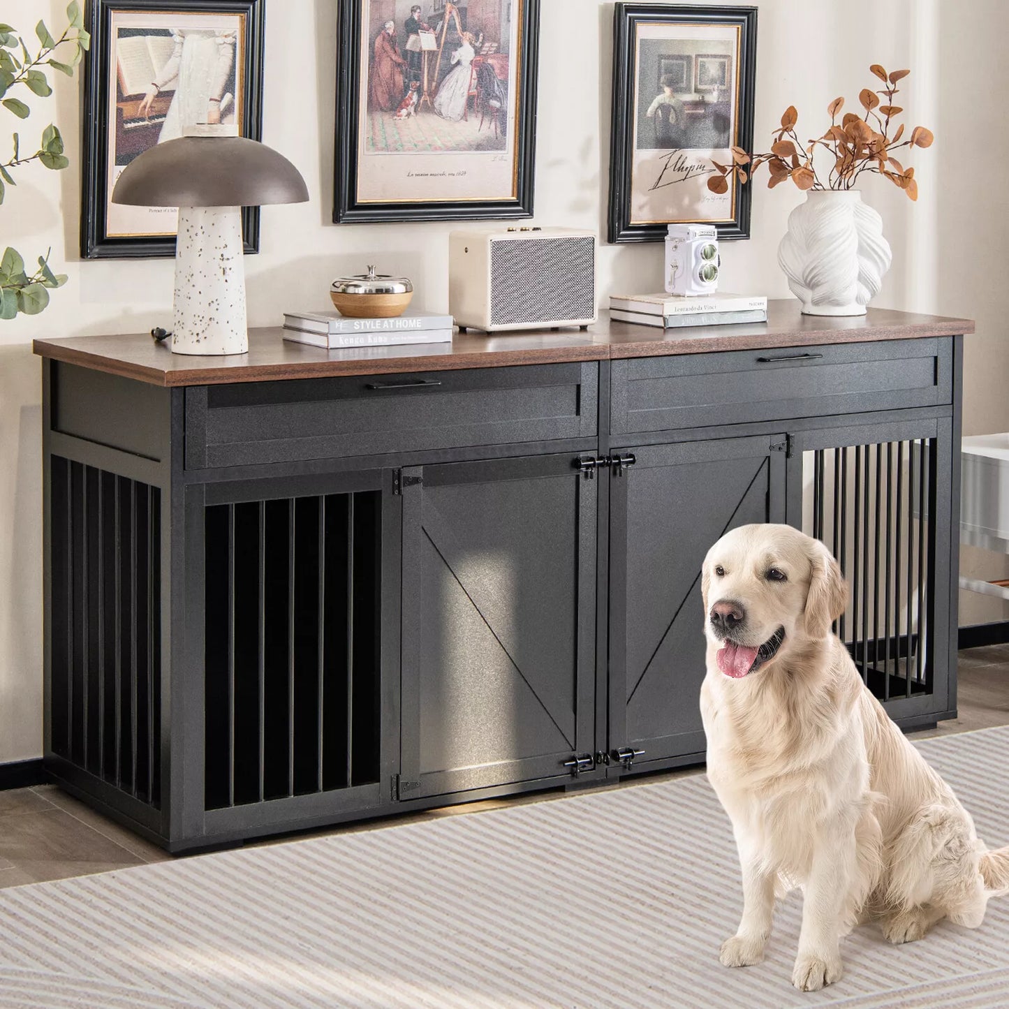 Farmhouse Double Dog Crate Furniture For 2 Dogs