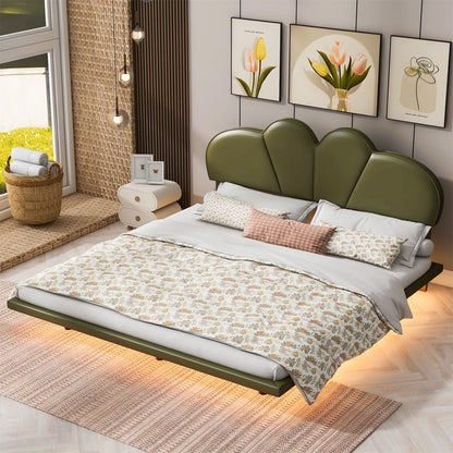 Full Leather Upholstered Floating Bed With Lights