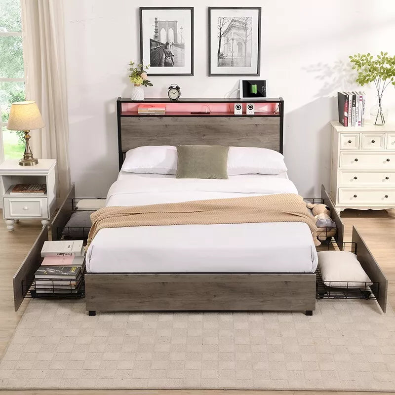 Queen Plateform Bed Frame With Storage & Light