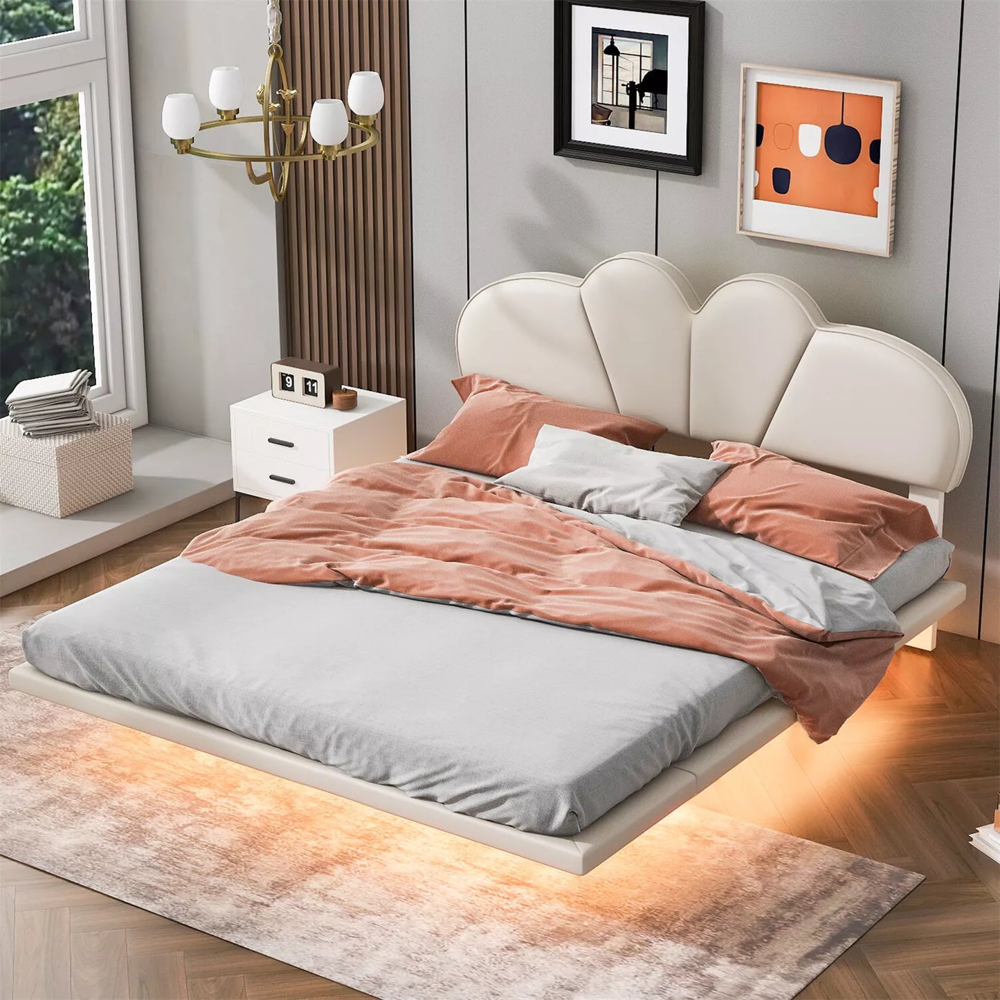 Full Leather Upholstered Floating Bed With Lights