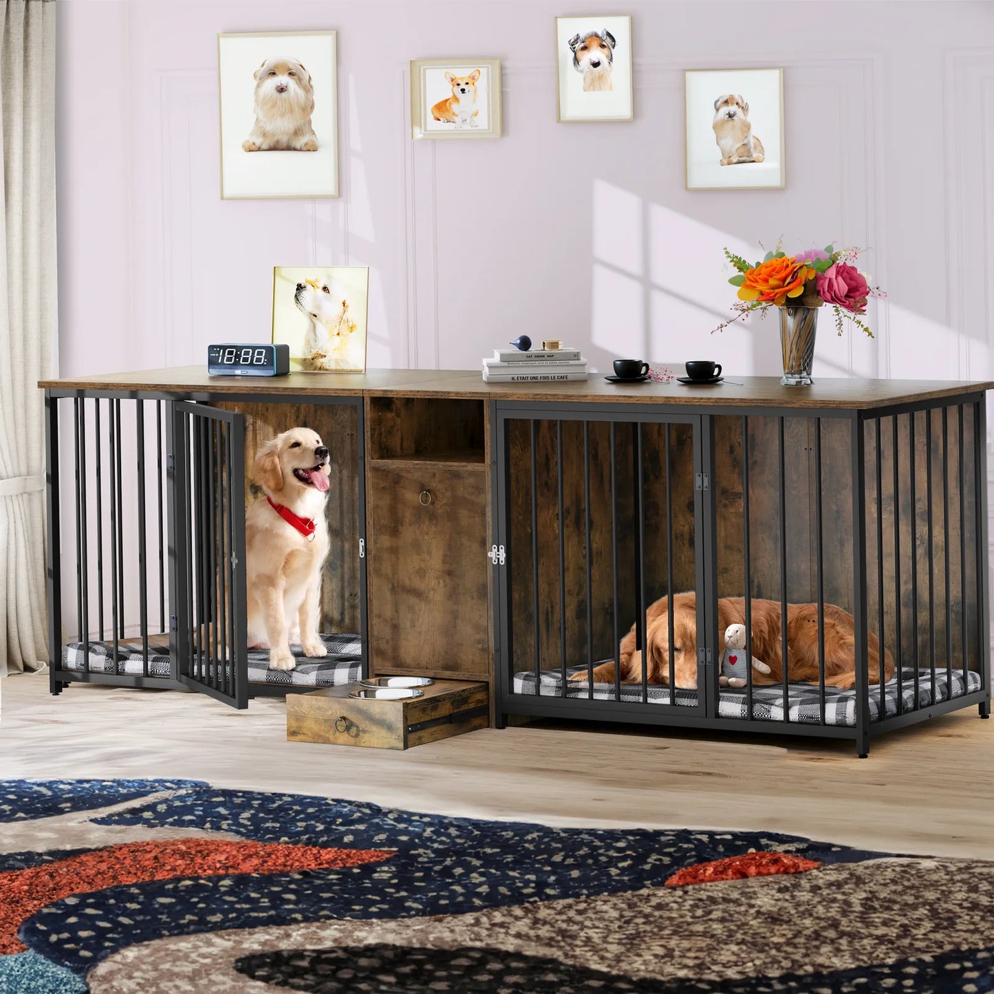 Rustic Double Dog Crate Furniture For 2 Dogs