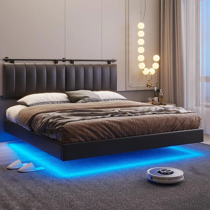 King Size Leather Floating Bed With Lights