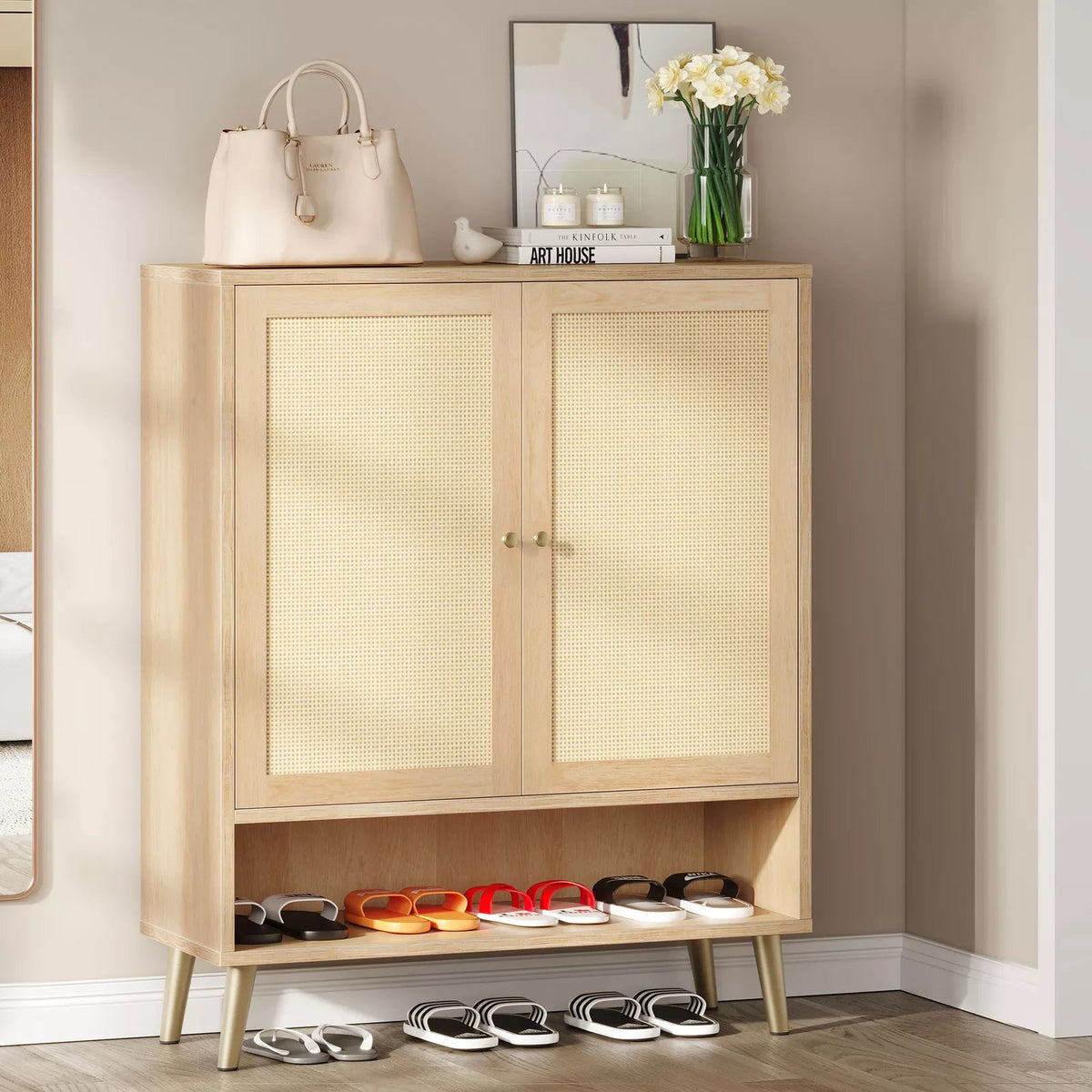 Rattan Narrow Entryway Shoe Cabinet Canva Home