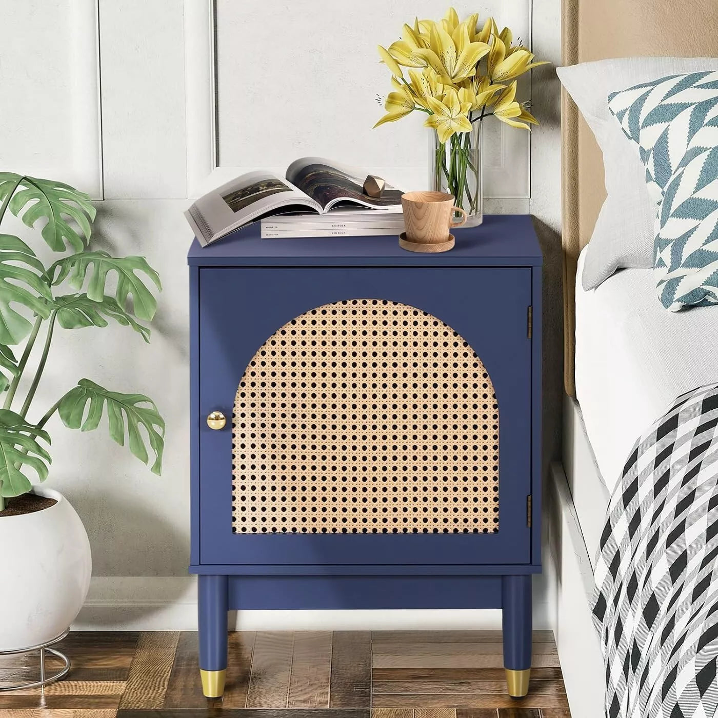 Briony Blue Rattan Nightstand Table