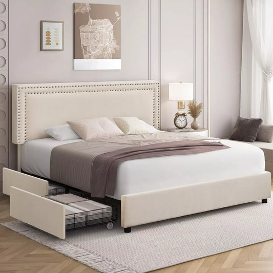 Queen Fabric Plateform Bed Frame With Storage