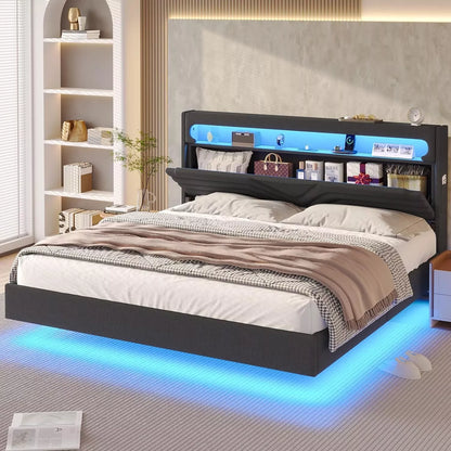 King Size Linen Floating Bed With Lights