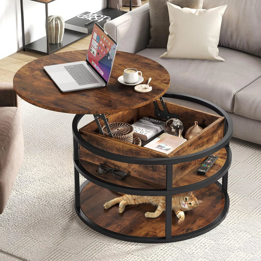 Keith Rustic Round Lift Top Farmhouse Coffee Table