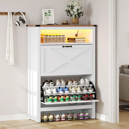 LED Farmhouse Narrow Entryway Shoe Cabinet