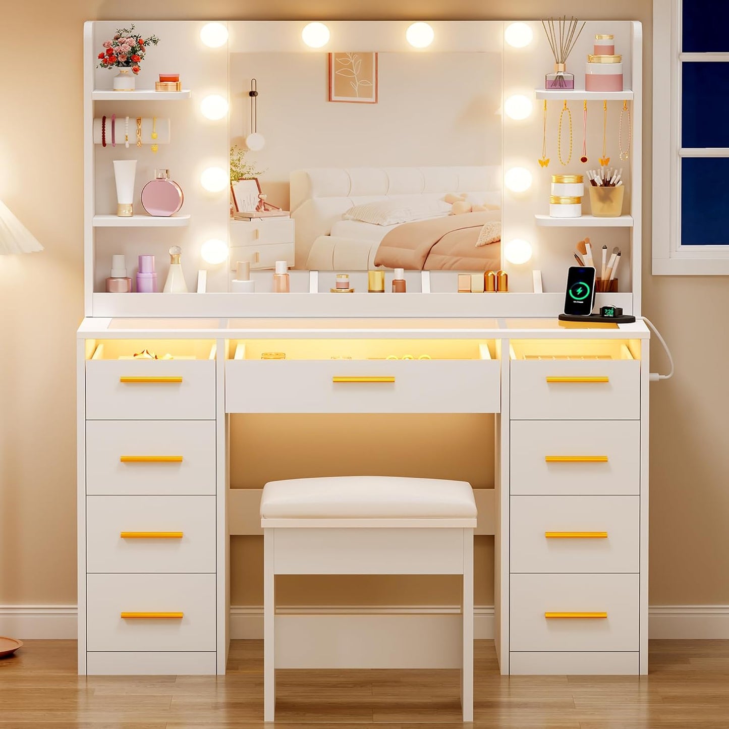 Vanity Desk with Mirror and Lights 3 Colors Large Makeup - Canva Home