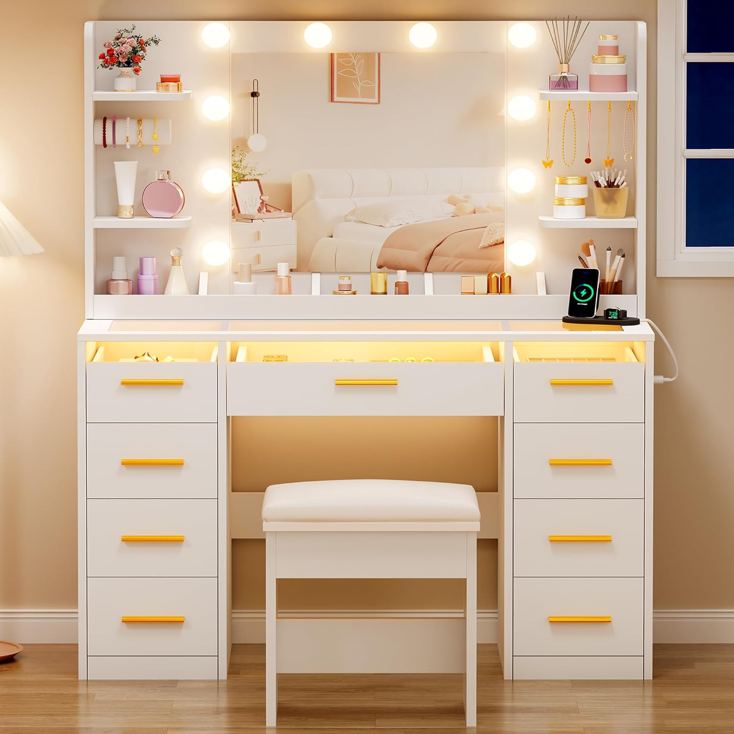 Vanity Desk with Mirror and Lights 3 Colors Large Makeup - Canva Home