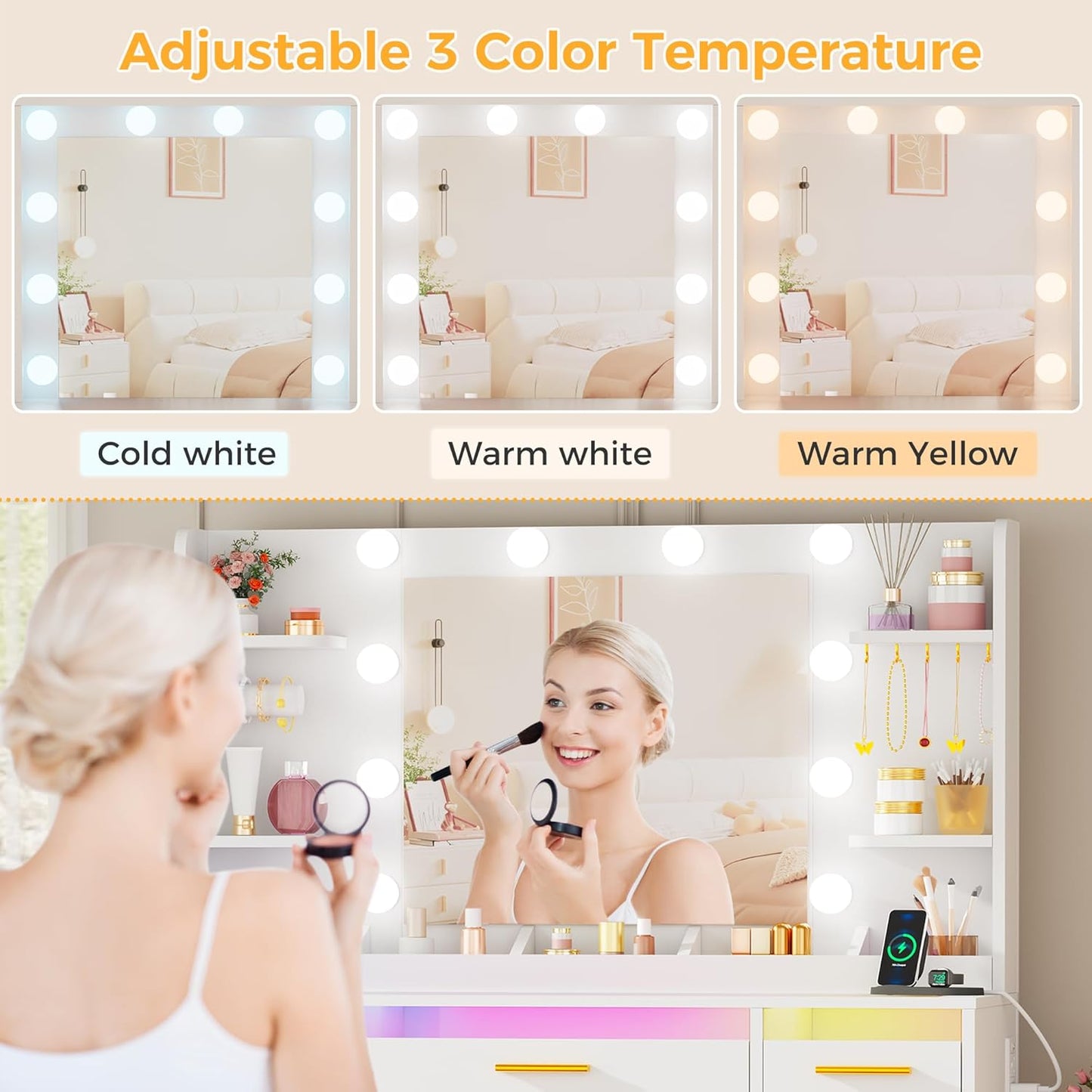 Vanity Desk with Mirror and Lights 3 Colors Large Makeup - Canva Home