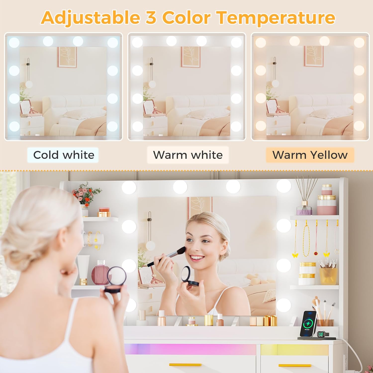 Vanity Desk with Mirror and Lights 3 Colors Large Makeup - Canva Home
