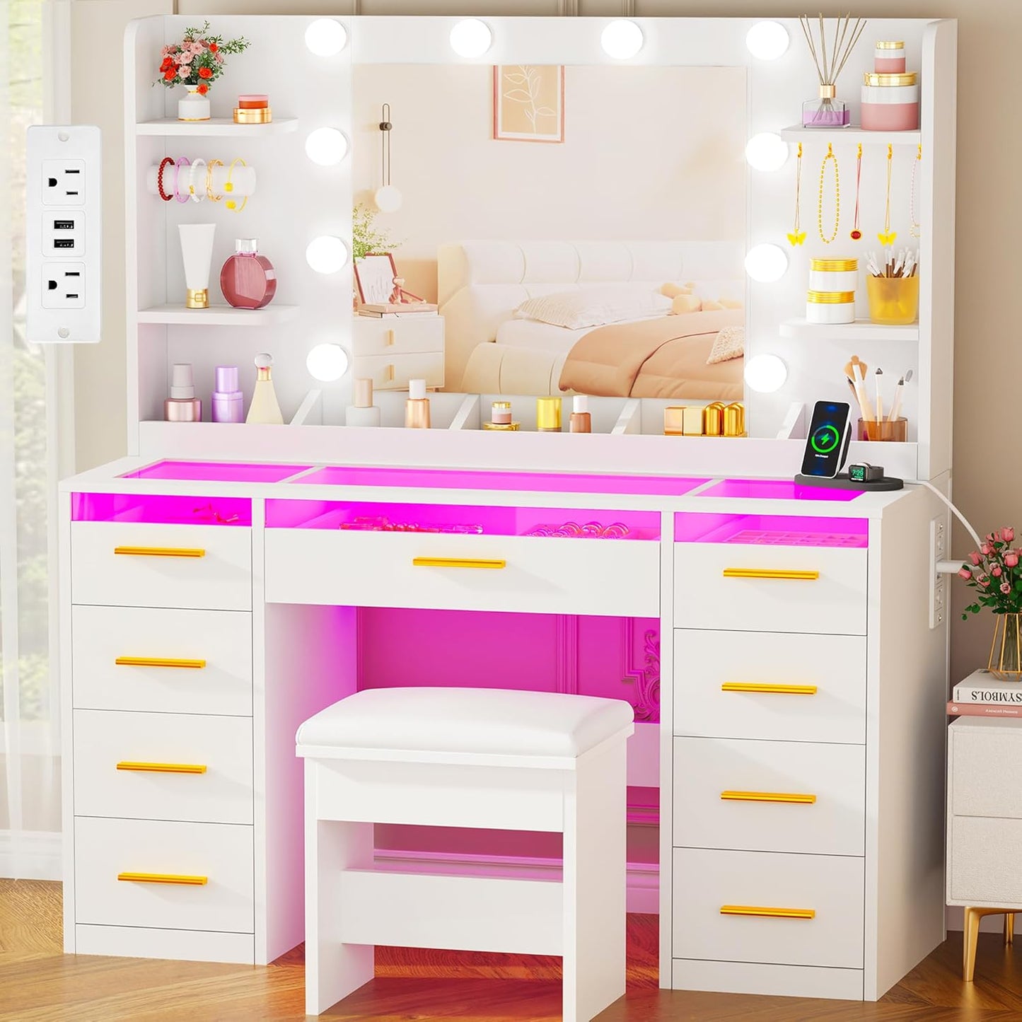 Vanity Desk with Mirror and Lights 3 Colors Large Makeup - Canva Home