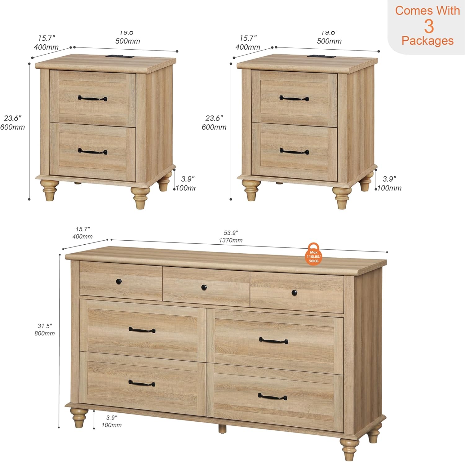 Wampat 3 Piece Bedroom Set with 7 Drawer Dresser for Bedroom - Canva Home