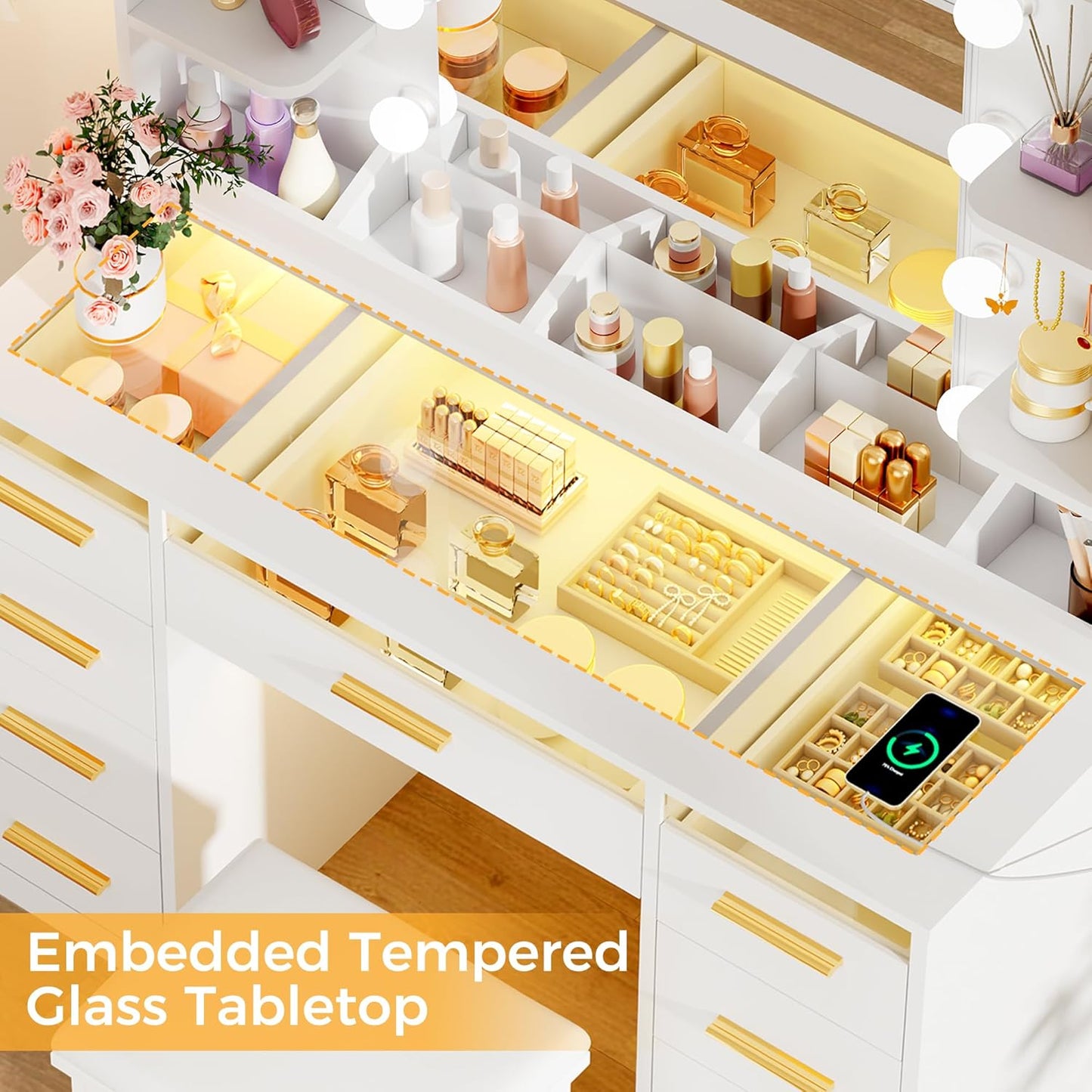 Vanity Desk with Mirror and Lights 3 Colors Large Makeup - Canva Home
