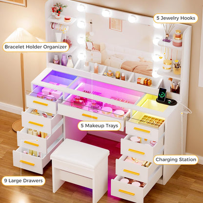 Vanity Desk with Mirror and Lights 3 Colors Large Makeup - Canva Home